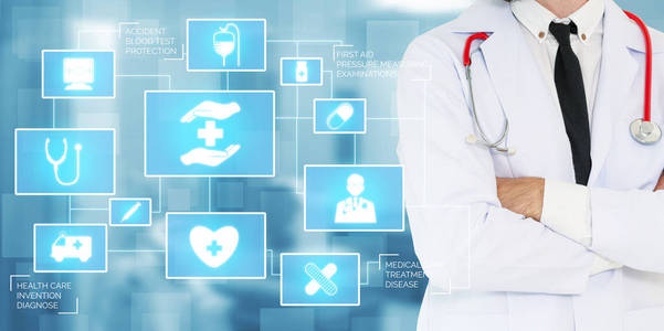 医疗保健概念医生在医院用数字医疗图标图形横幅显示医药医疗服务的符号，紧急服务网络医生数据的病人健康。