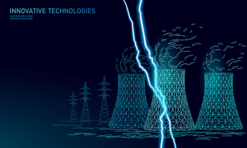 核电站冷却塔低聚。3d 呈现生态污染拯救地球环境概念三角多边形。闪电危险向量例证
