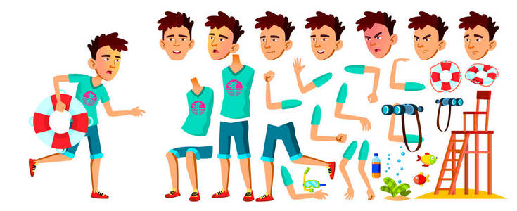 欧美动画中国龙亚洲青少年男孩向量.海滩上的救生员.动画创建集.