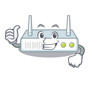 路由器安装拇指向上路由器安装在卡通墙矢量插图照片