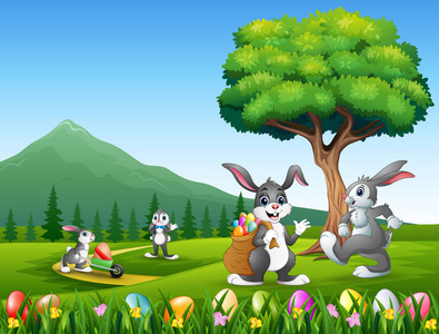 复活节背景与兔子和雏鸡的自然
