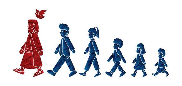 与耶稣一起走,跟随耶稣卡通图形矢量.照片