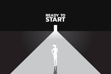 女商人的剪影准备跑到门外. 准备开始事业和事业的人的概念照片