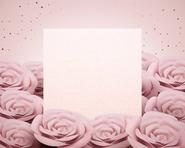 婴儿粉红纸玫瑰卡模板在三维插图