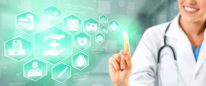 图形横幅显示医药医疗服务的符号,紧急服务网络医生数据的病人健康