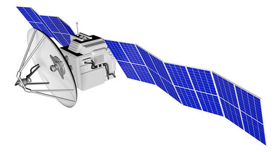 太空卫星工业插图宇宙飞船与巨大的太阳能电池板隔离在清晰的白色背景3D插图中