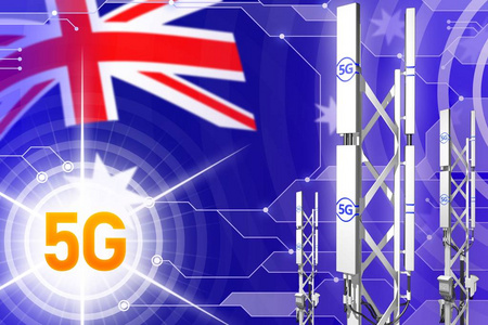 澳大利亚5g网络工业插图大蜂窝塔或桅杆在高科技背景与旗帜3D插图。