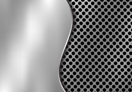 抽象银金属背景由六角图案纹理与曲线板铁。 几何黑白。 矢量插图