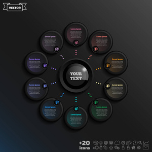 矢量信息设计与彩色圆圈在黑色背景。 商业概念。 10个选项部分步骤。 可用于图表工作流程布局编号选项网页