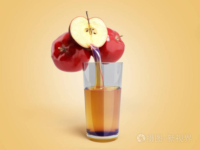 新鲜天然果汁的概念苹果汁从新鲜苹果流入玻璃三维渲染的颜色背景