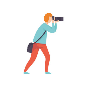 人物背影摄影男人用数码相机拍照, 男性专业摄影师人物矢量插图照片