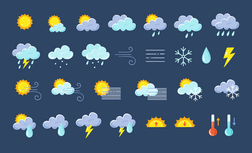 天气图标包。 五颜六色的天气预报设计元素完美的移动应用程序和小部件。 包含图标的太阳云，雪花，风，雨，温度等。 29个图标包。