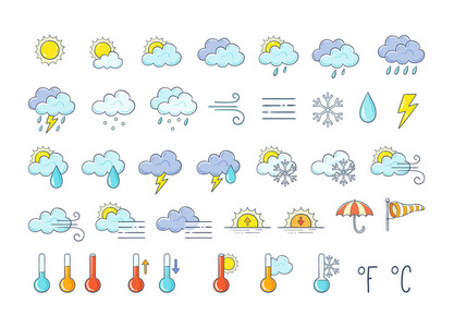 五颜六色的天气图标设置。 手绘天气预报设计元素隔离在白色背景上，完美的移动应用程序和小部件。 包含太阳云雪花风暴风雨等图标