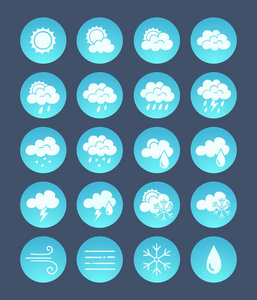 天气图标包。 移动应用程序和小部件的天气预报设计元素。 包含太阳云雪花风雨和雾的图标。 20个图标包。
