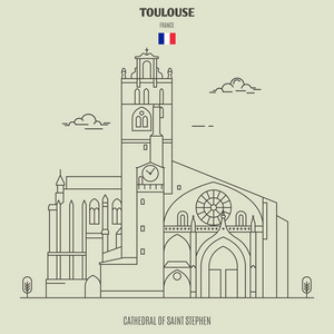 法国图卢兹圣斯蒂芬大教堂。 线性风格的地标图标