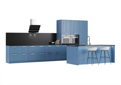 蓝色厨房与岛屿隔离在白色背景。3D绘制。