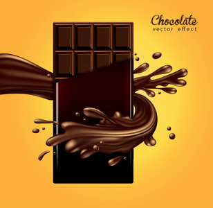 模拟广告设计。一块巧克力，裹着一层液体巧克力。3D向量。高详细的现实插图