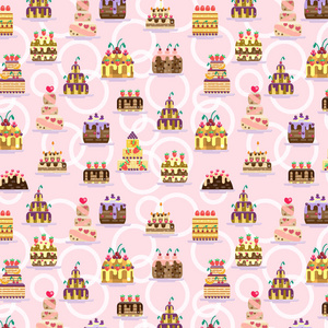 蛋糕无缝图案在粉红色背景上。 可爱的平面矢量插图与不同的馅饼。