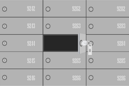 光栅插图银行存款箱与一个打开的安全盒和钥匙。 保险箱