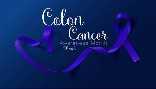 结肠癌意识书法海报设计。逼真的深蓝色丝带。三月是癌症意识月。向量