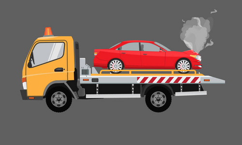 纯色图黄色拖车与轿车在它.纯色图案的扁平矢量照片