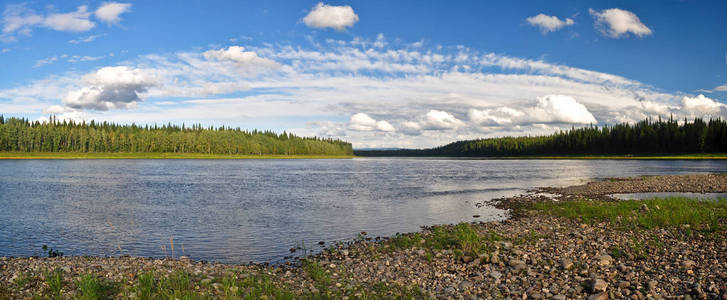 北部乌拉尔河的夏季全景。 国家公园尤吉德瓦科米森林。
