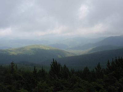 山和青山在雾中，在喀尔巴阡山脉的上空盘旋