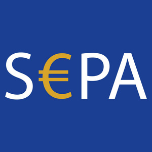 SEPA单一欧元支付区标志孤立在蓝色背景上。 光栅