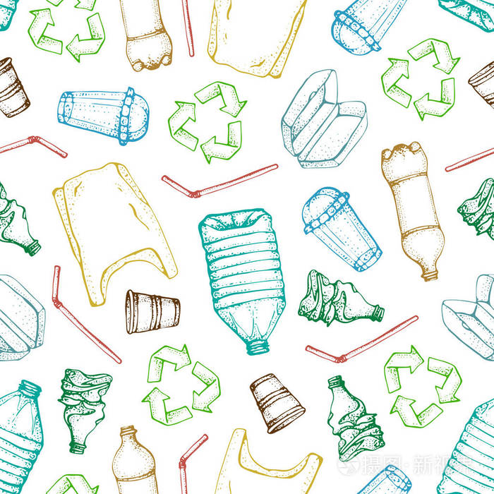 手绘涂鸦塑料污染无缝图案.向量例证粗略的标志汇集.