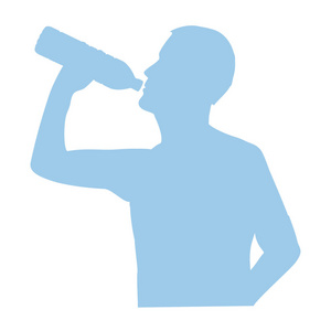 人饮水的轮廓从瓶子流入身体。 关于健康生活方式的插图。