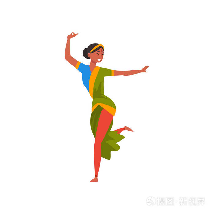 印度舞者在绿色传统莎莉, 美丽的微笑的年轻女子表演民间舞蹈矢量插画