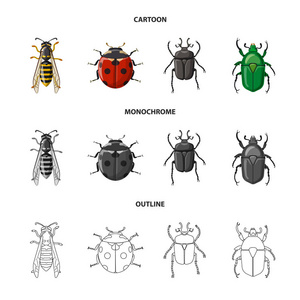 昆虫和苍蝇图标的矢量设计。收集昆虫和元素矢量图标的股票