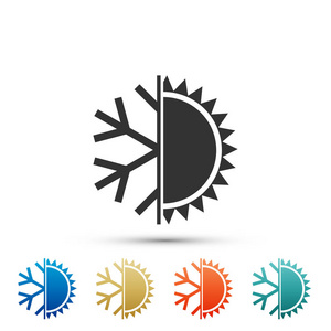 冷热符号。在白色背景上隔离的太阳和雪花图标。冬季和夏季的象征。在颜色图标中设置元素。矢量插图