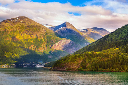 挪威峡湾日落全景, 山风景