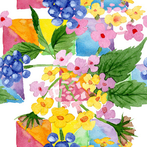 粉红色的兰塔纳花植物花。水彩背景插图集。无缝的背景模式