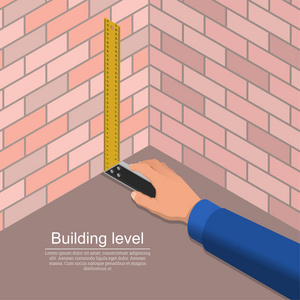 工手持施工尺..工作中的测量工具..3D.等距矢量插图。