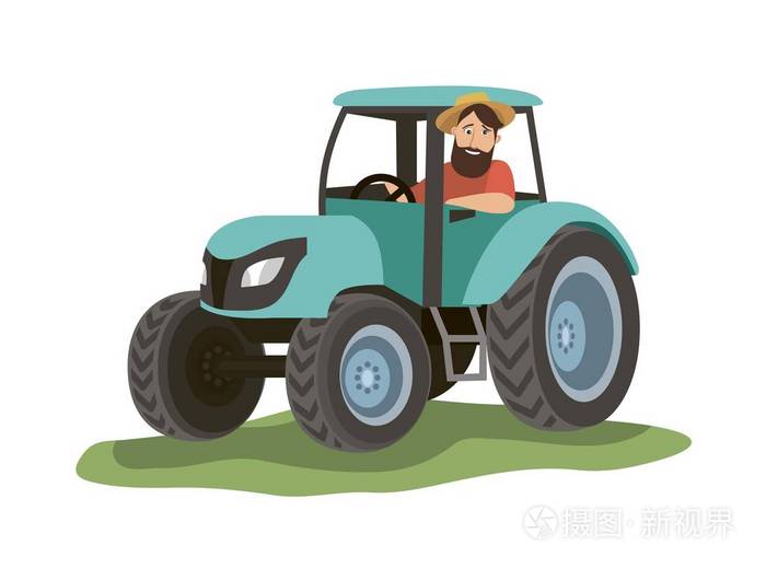 一个人坐在一辆蓝色拖拉机里, 望着窗外插画-正版商用图片18qf9n-摄图