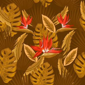 矢量无缝图案的热带米色和棕色棕榈叶怪物的叶子和红色的花的天堂鸟Strelitzia羽毛在棕色的背景。 壁纸趋势设计。