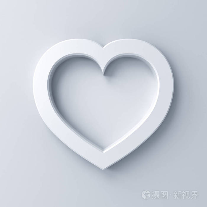 空白白色心脏框架与阴影隔离白色墙壁背景3d渲染