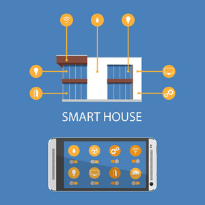 手机智能家居应用概念。 家庭自动化系统。 光栅插图