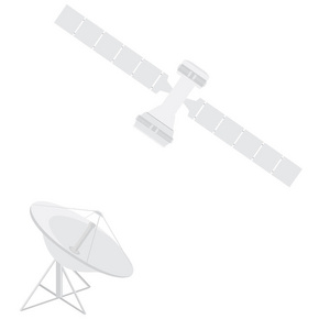 光栅插图通信卫星图标与太阳能电池。 卫星天线。 雷达平锥。