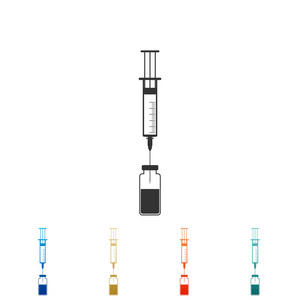 医疗注射器与针和小瓶图标隔离在白色背景。疫苗接种注射的概念。在颜色图标中设置元素。矢量插图