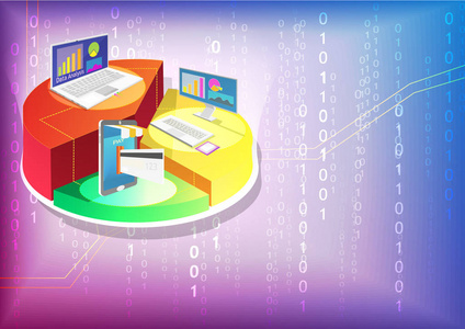 数据分析等距设计营销报告概念技术移动和计算机设备网络和图形交易与数字数据的安全背景矢量艺术和插图。