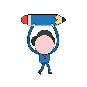 矢量插图商人人物走路和举起铅笔. 颜色和黑色轮廓.照片