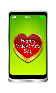智能手机与快乐的情人节绿色桌面3D插图