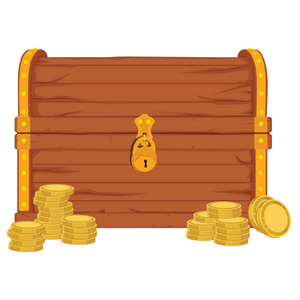 光栅图标与卡通封闭棕色木制海盗胸部与金色金属条纹和挂锁充满金币在白色背景。