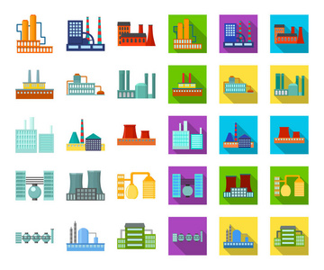 工厂和设施卡通, 平面图标集设计。工厂和设备矢量符号股票网插图