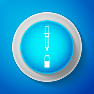 医用注射器与针和小瓶图标隔离在蓝色背景。疫苗接种注射的概念。圆圈蓝色按钮。向量例证