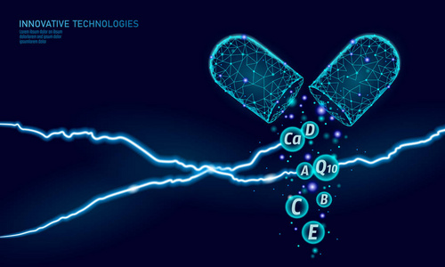多种维生素复合物低聚胶囊。健康补充护肤健美抗衰老药房横幅模板。3d 辅酶 q10, a, b, c, d. 医学科学载体例证