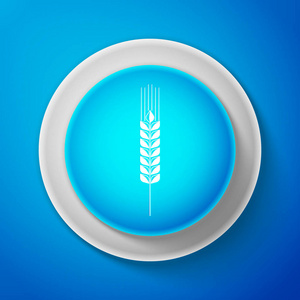 在蓝色背景上孤立的谷物图标, 镶嵌大米小麦玉米燕麦黑麦大麦标志。麦面面包的象征。农业小麦符号。圆圈蓝色按钮。向量例证